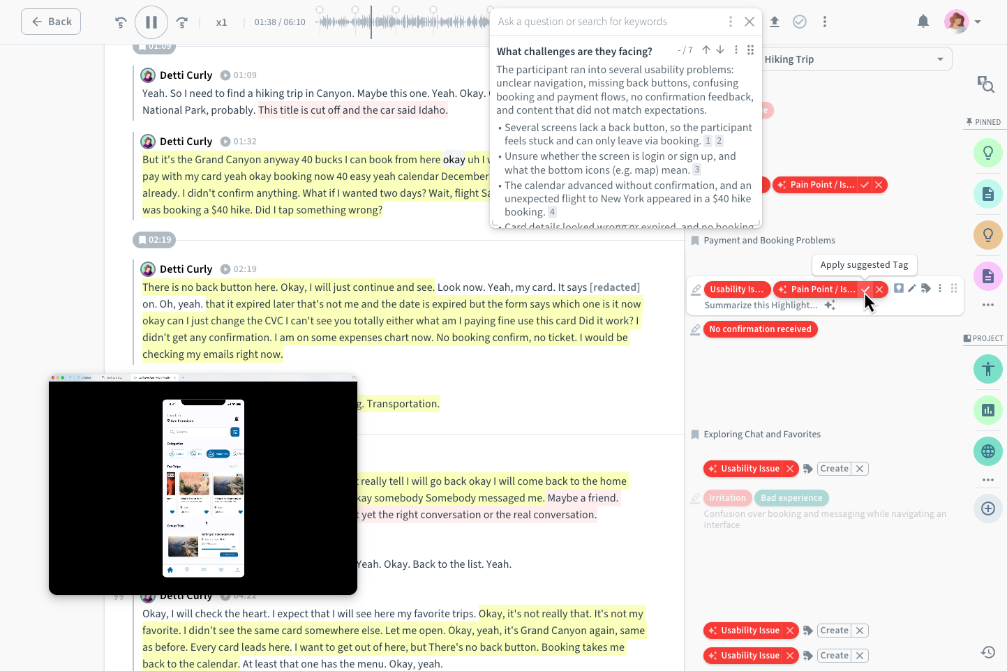 A usability test session in Condens with highlighted transcript, suggested tags, and an AI answer to the question what challenges participants faced