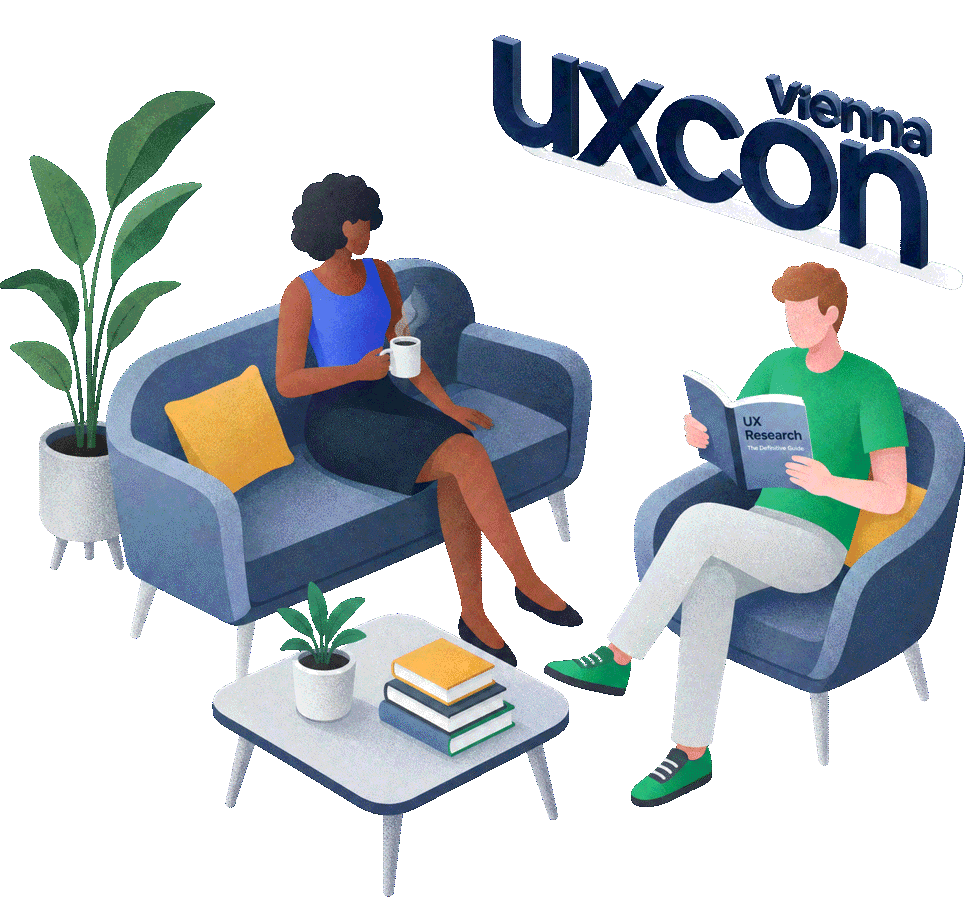 Illustration of two people chatting over coffee on sofas beneath the uxcon vienna logo, one of them reading a UX research guide